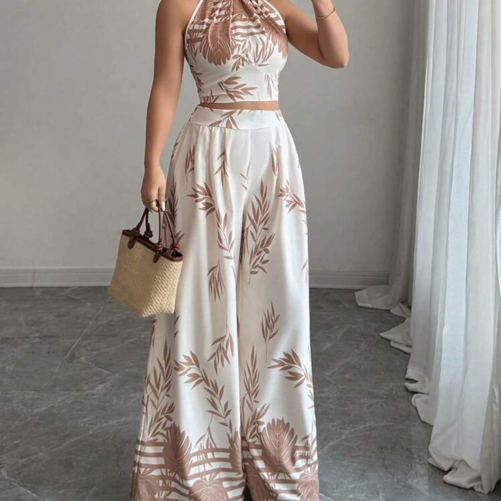 Elegant White and Brown Leaf Print Jumpsuit